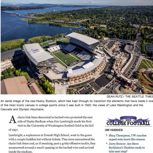 A screenshot of the opening art of a story, showing a new sports stadium on the shore of Lake Washington