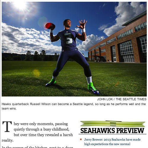 A screenshot of the opening art of a story, showing Seahawks quarterback Russell Wilson