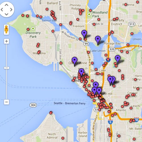 A screenshot of a map showing pins dropped for public works of art