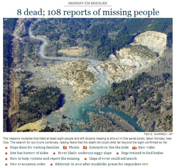 A screenshot of a story with a photo of a mudslide