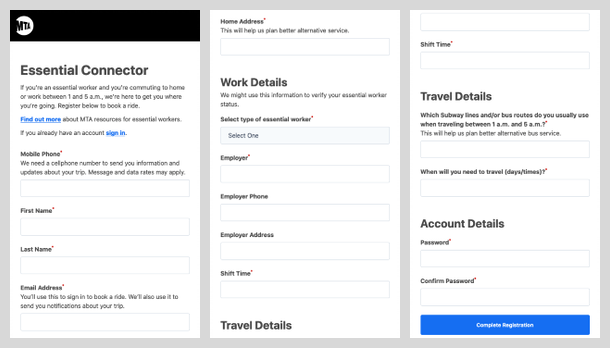 Two screenshots side by side, showing a sign-up form for the Essential Connector app. Text underneath many fields explains how the information will be used.