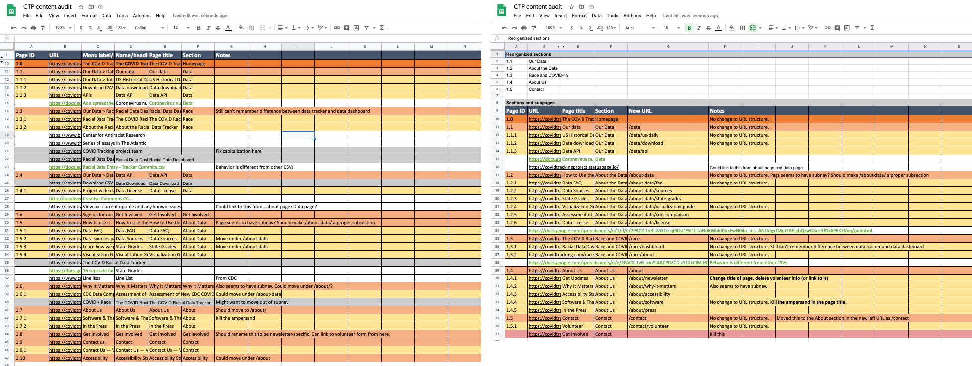 Two screenshots side-by-side, showing two spreadsheets with colored cells. The spreadsheet on the left is longer and the colors are out of order. The spreadsheet on the right is shorter and the colors are in order.